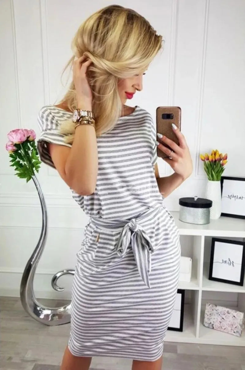 New Summer Casual Short Sleeve O-Neck Striped Oversize Women Dresses Slim Bodycon Dress Female Solid Pockets Midi Cotton Dress New Summer Casual Short Sleeve O-Neck Striped Oversize Women Dresses Slim Bodycon Dress Female Solid Pockets Midi Cotton Dress
